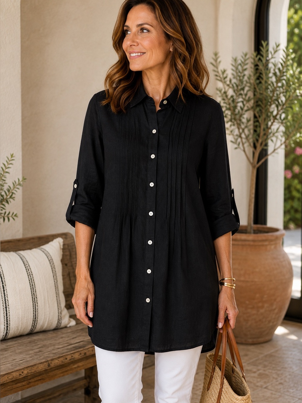 CJ Laing Black Linen Cotton Pintuck Button Down Tunic Shirt Dress Size Large